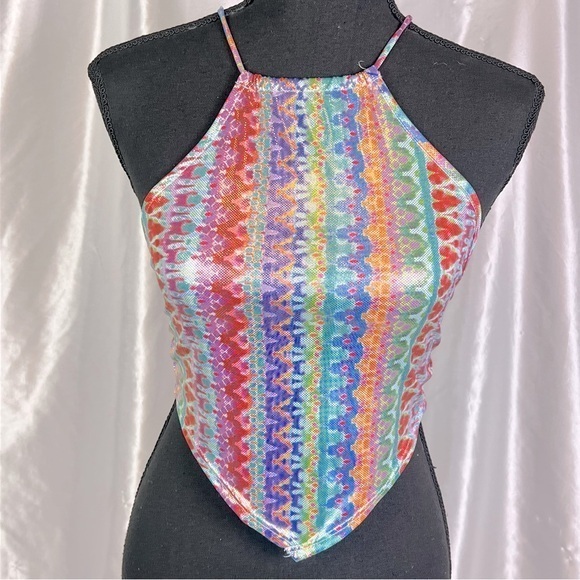 Windsor Tops - Windsor Iridescent Rainbow Halter Crop Top Festival Rave Y2K XS